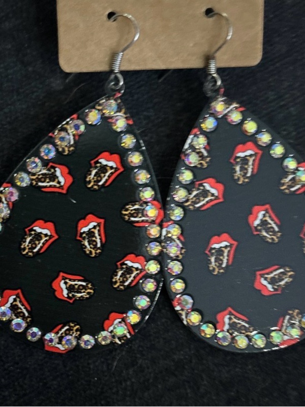 Rolling Stones Tongue Teardrop Earrings with Rhinestones